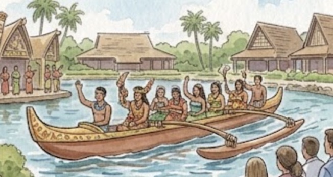 BYU-Hawaii近くの海でのアウトリガーカヌー