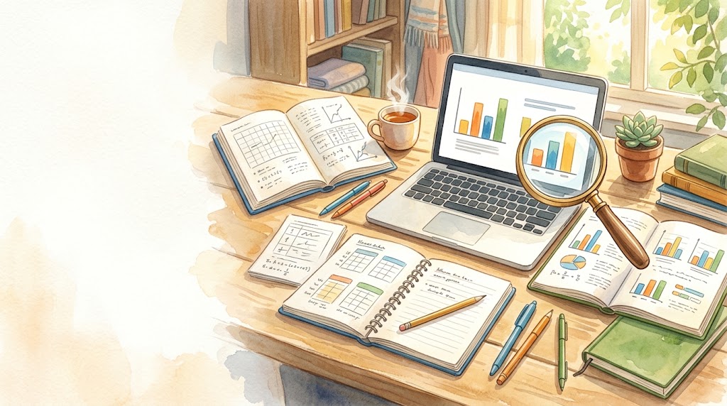 4校のデータを比較するイラスト