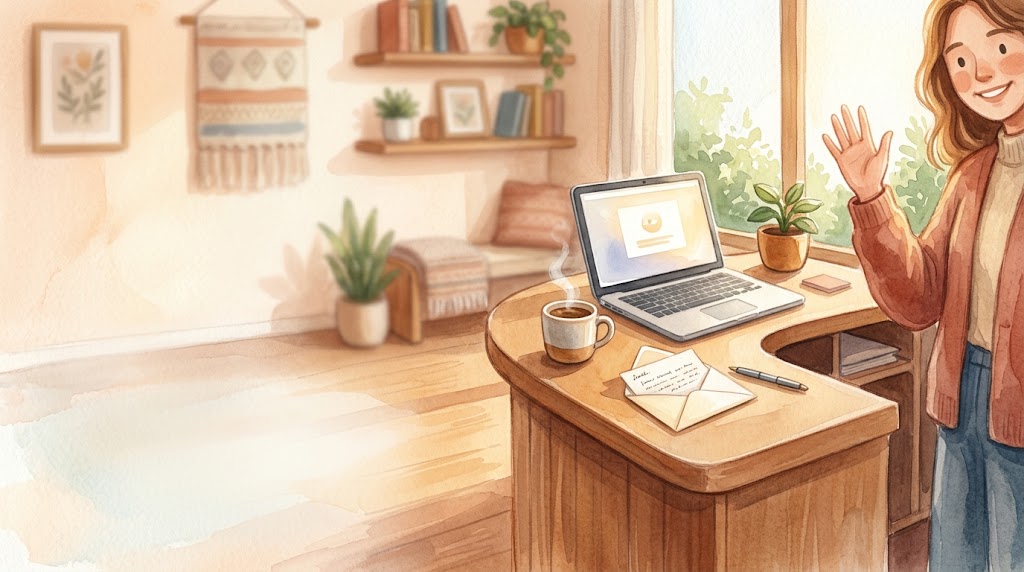 窓辺の受付デスクで手を振るイラスト